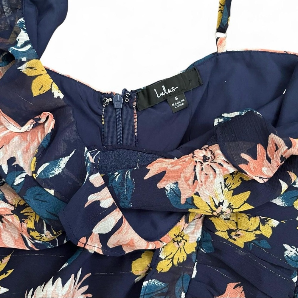 Lulus Navy Floral Ruffle Mini Dress Date Night Cocktail Party S - Picture 5 of 8